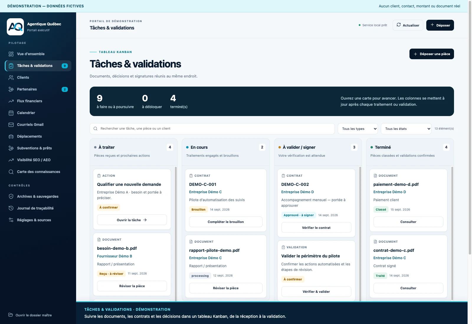 Tâches & validations du portail exécutif — données entièrement fictives